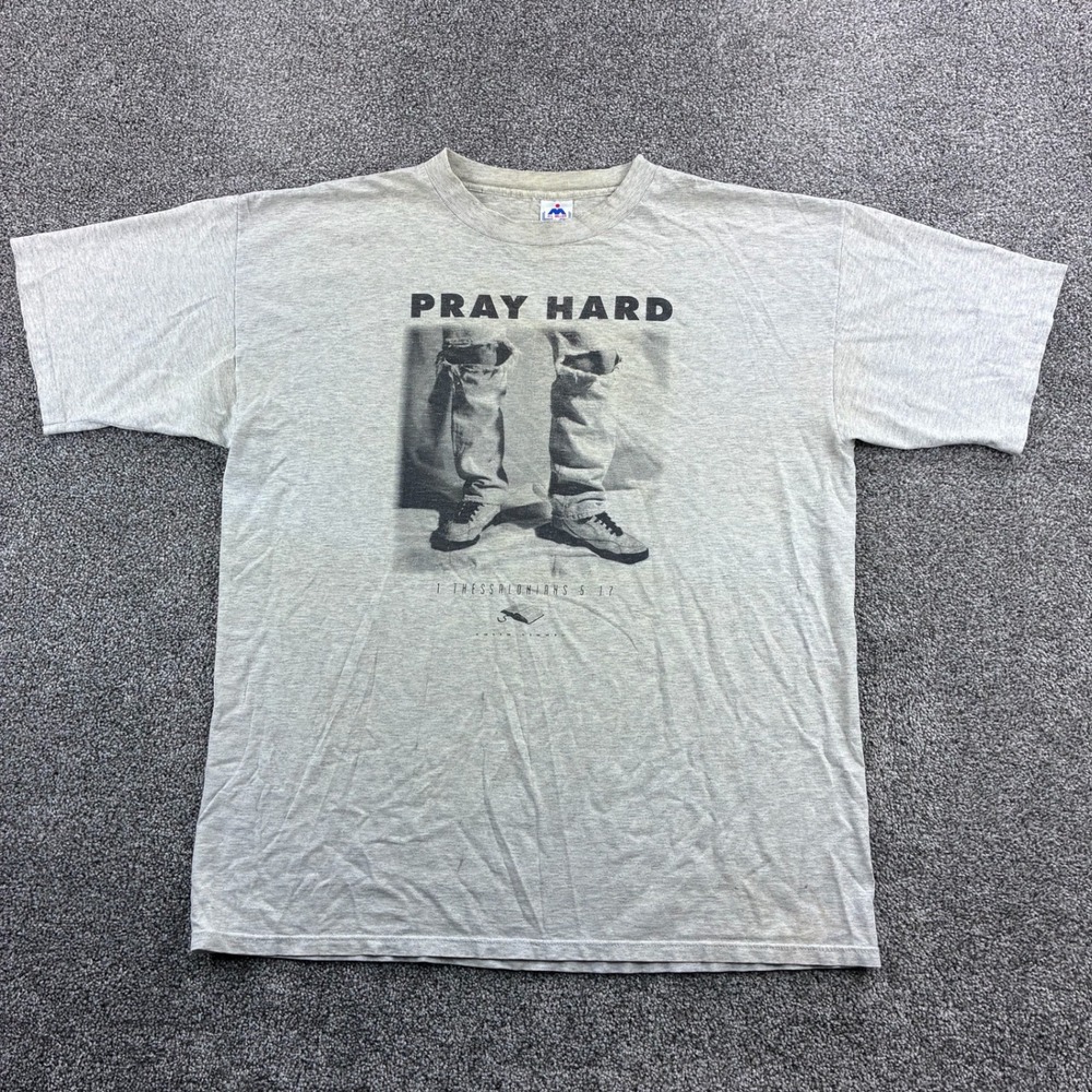 Vintage  Pray Hard Jesus Shirt Mens 2XL Gray Cotton Christian Ripped Jeans